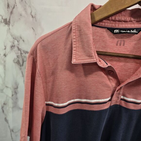 Travis Mathew Shirt Mens Large Navy Blue Pink Golf Polo Pima Stripe Two Tone - Picture 2 of 12